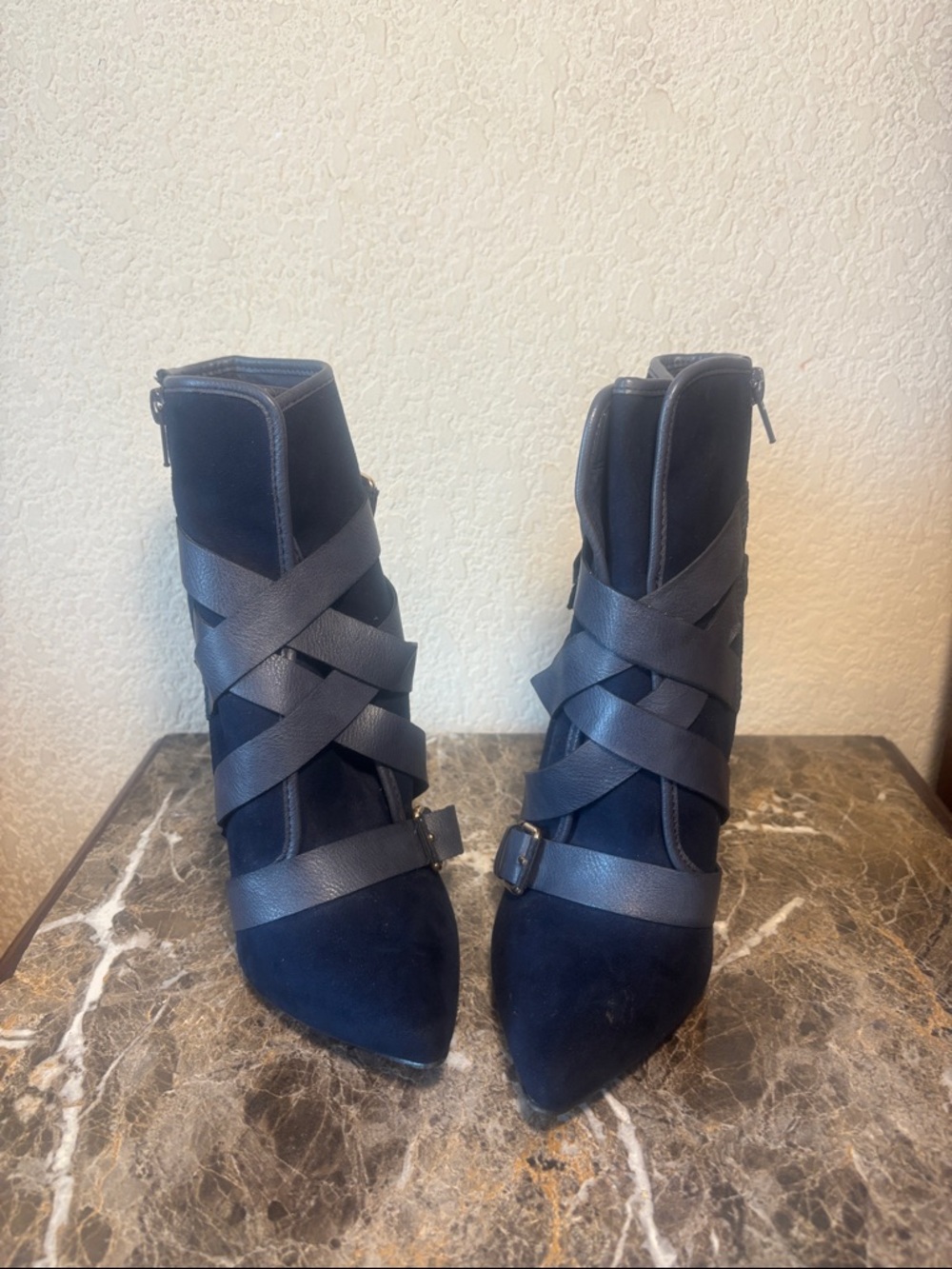 Shoe Dazzle Navy Strappy Pointed Stiletto Ankle Boots
